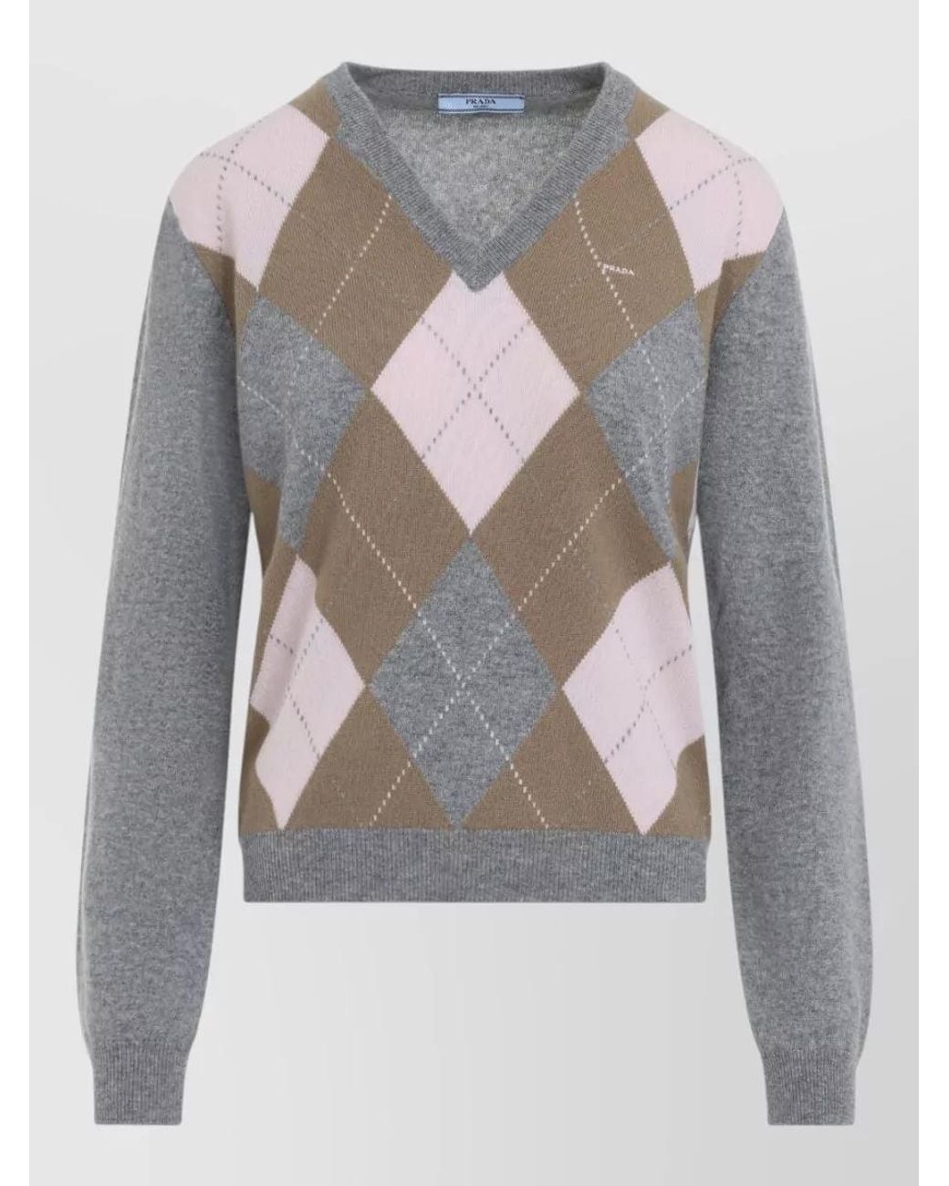 Prada Gray Cashmere Argyle V-Neck Sweater