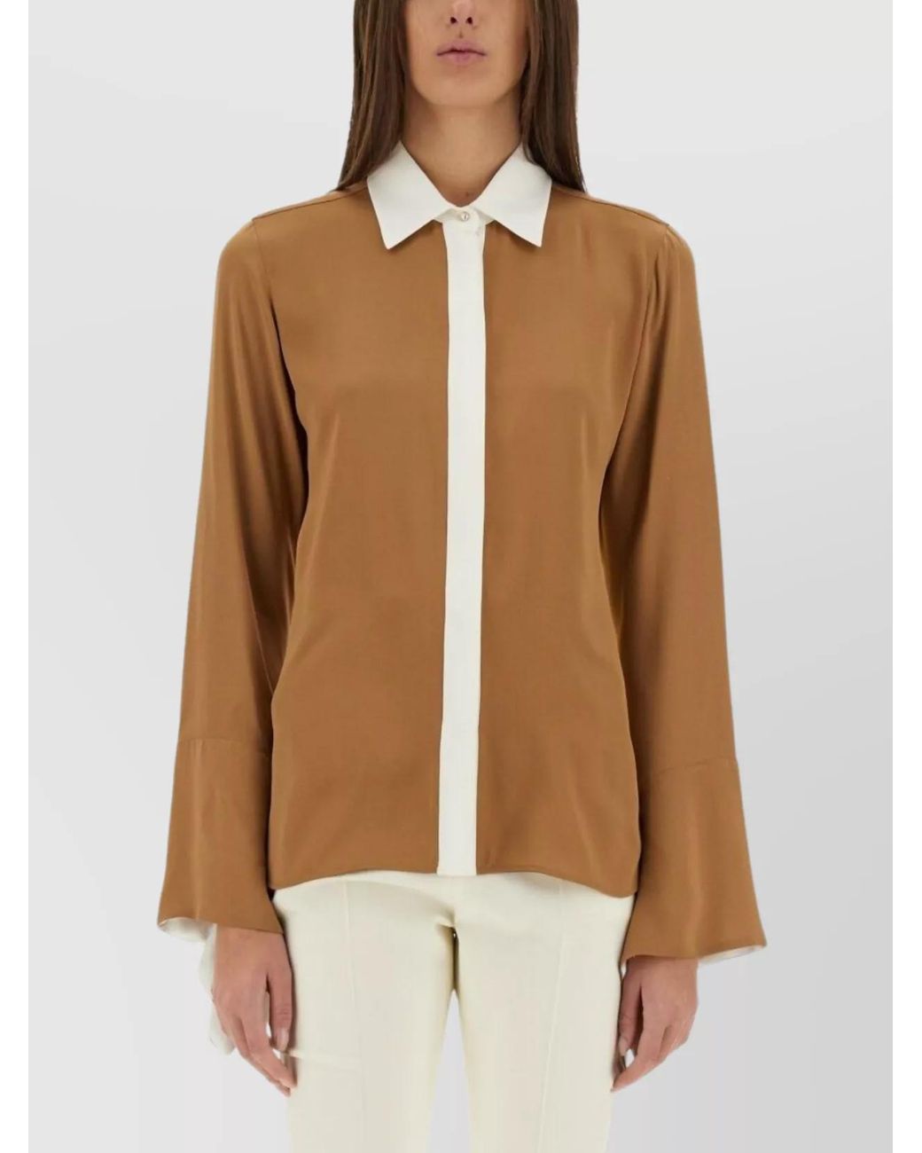 Max Mara Brown Silk Regular-Fit Color-Block Blouse