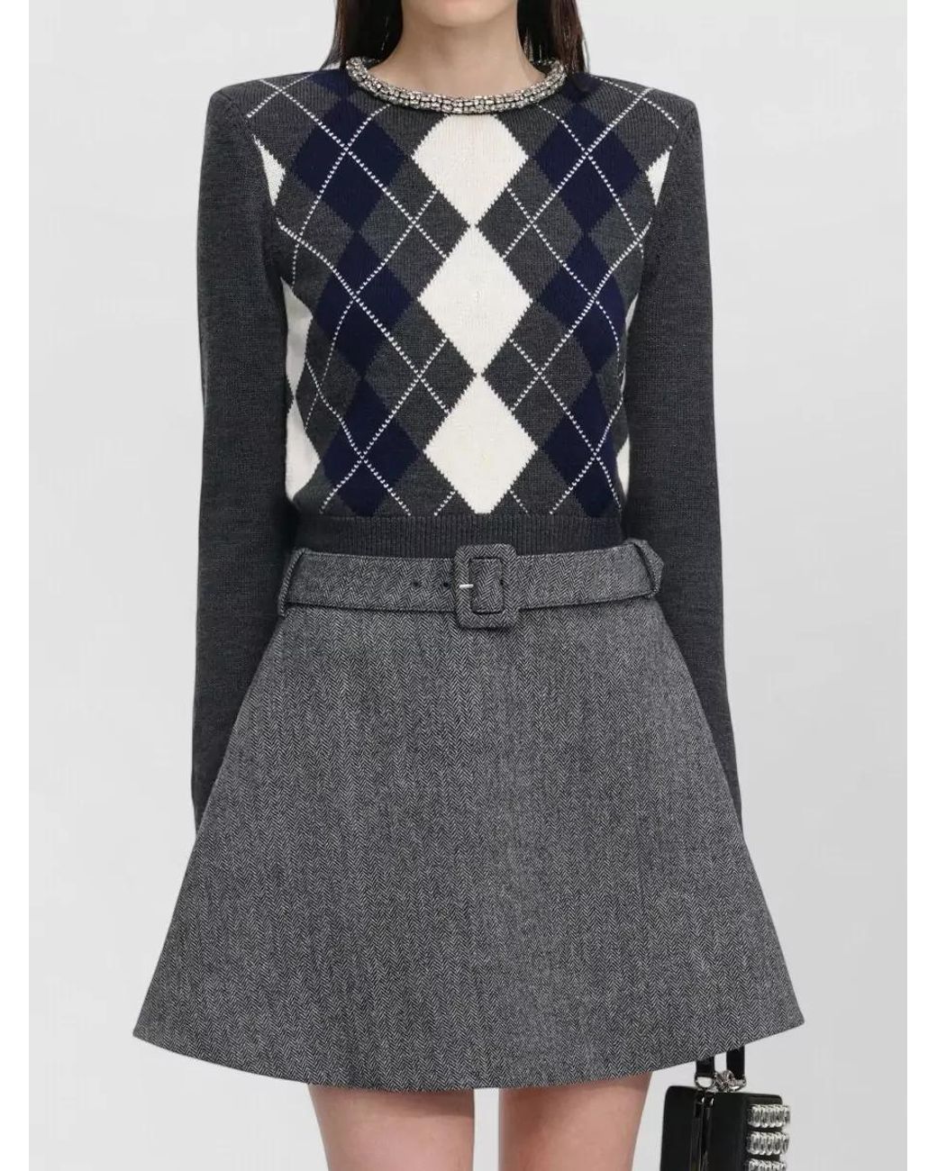 Self-Portrait Multicolor Wool Argyle Crystal-Trim Knit Jumper