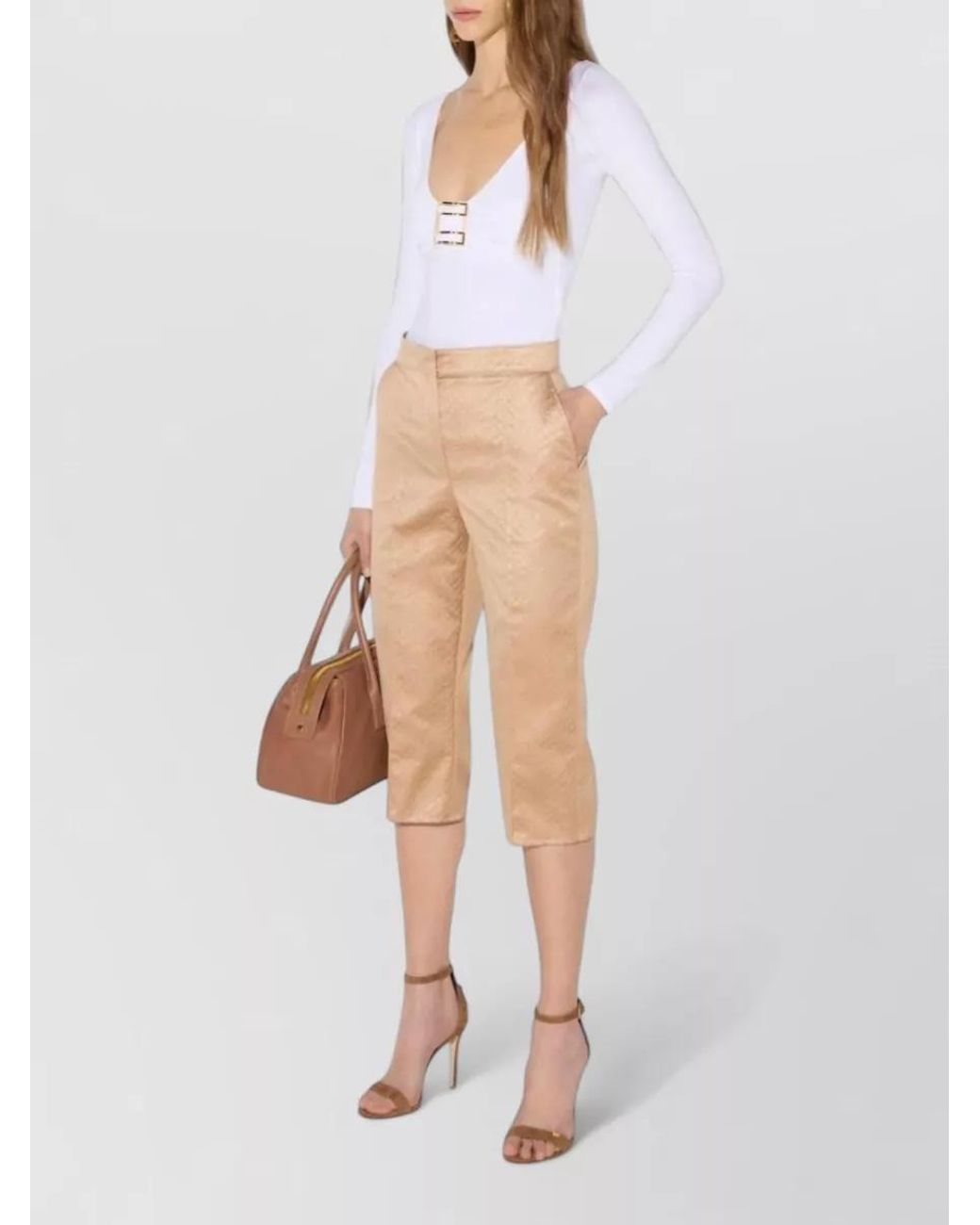 Elisabetta Franchi White Draped Slim-Fit Long-Sleeve Bodysuit
