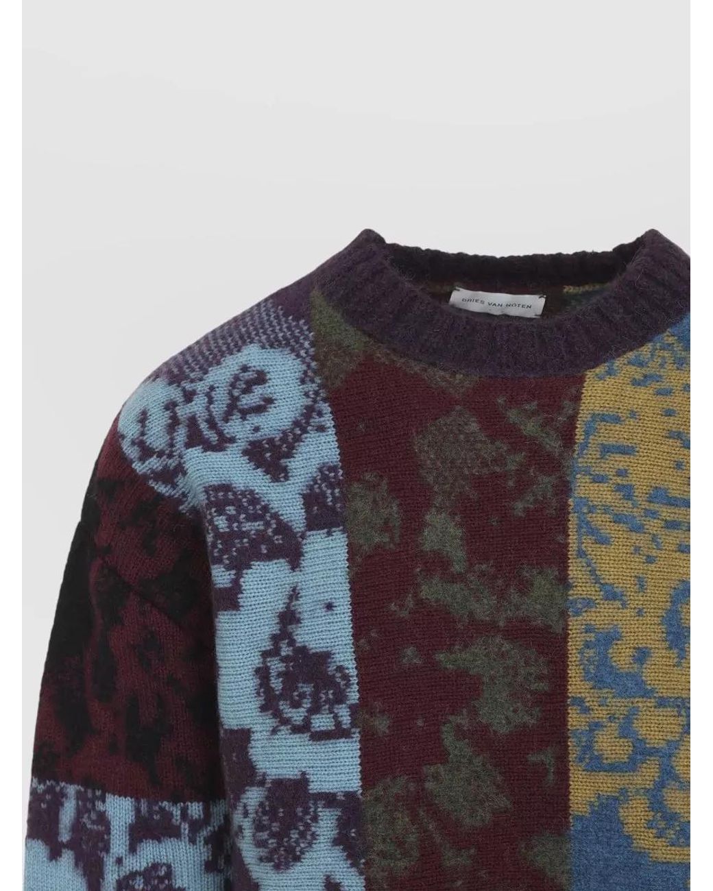 Dries Van Noten Blue Wool Alpaca Patchwork Jacquard Oversized Crewneck Sweater for men