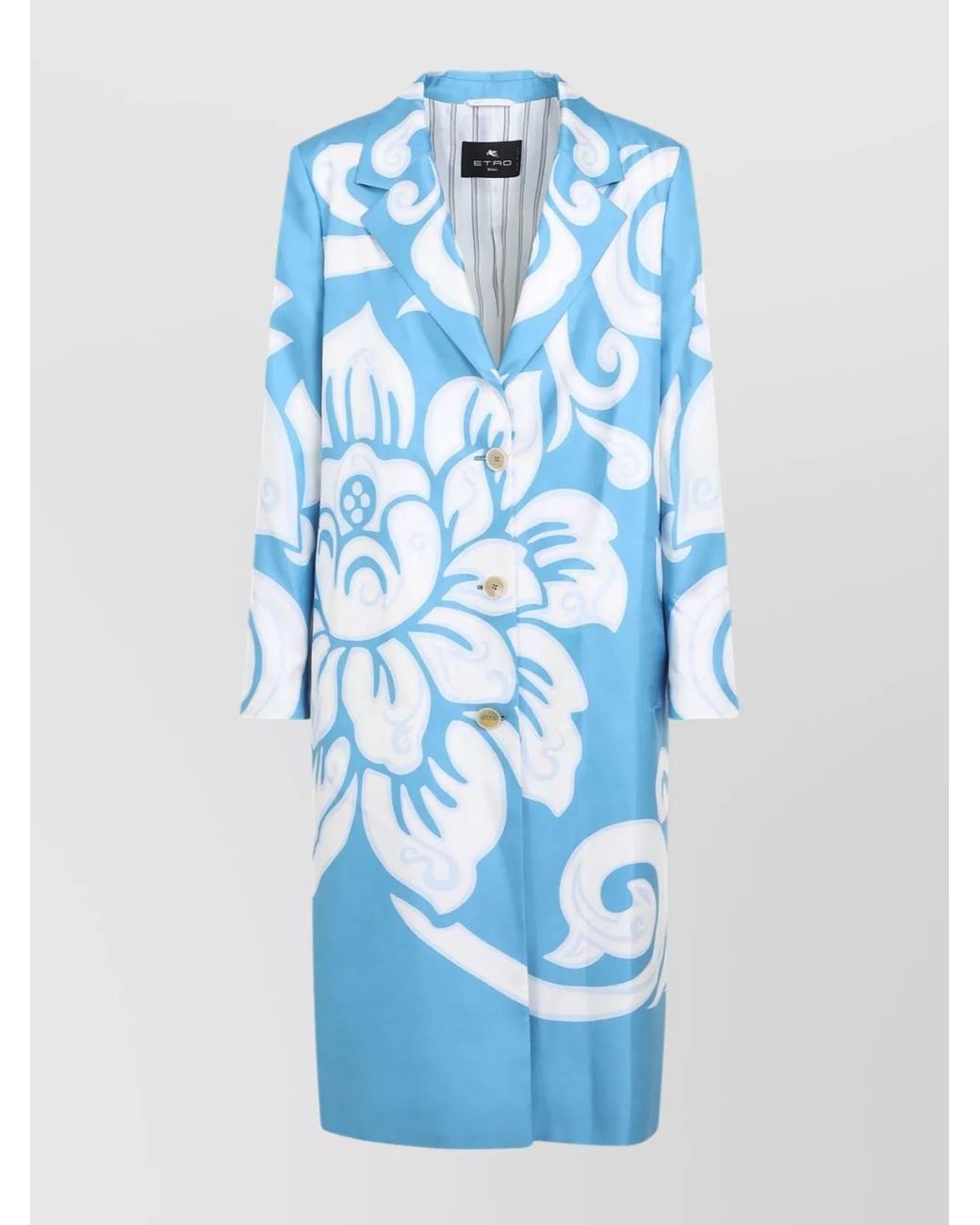 Etro Blue Silk Floral Print Single Breasted Coat