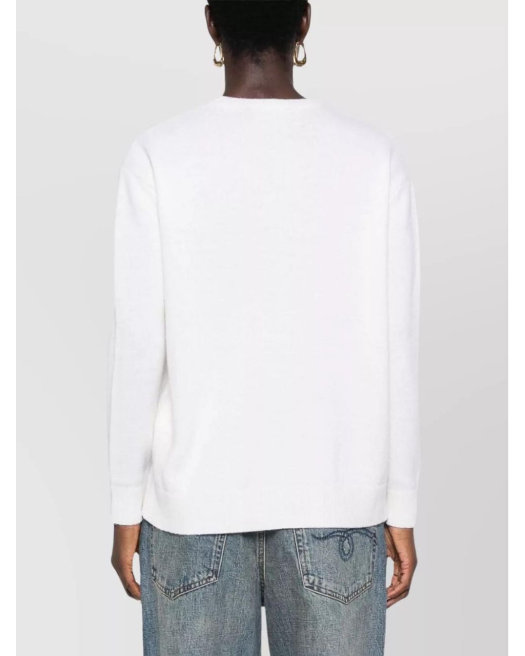 Max Mara White Cashmere Wool Logo-Embroidered Ribbed-Trim Crew-Neck Sweater