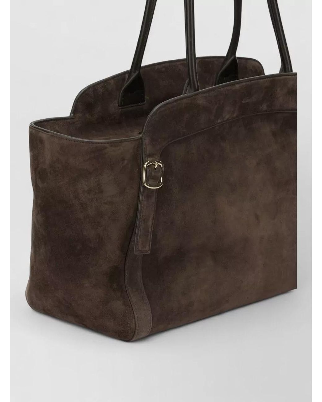 Santoni Brown Suede Leather Double Buckle Medium Tote Bag for men