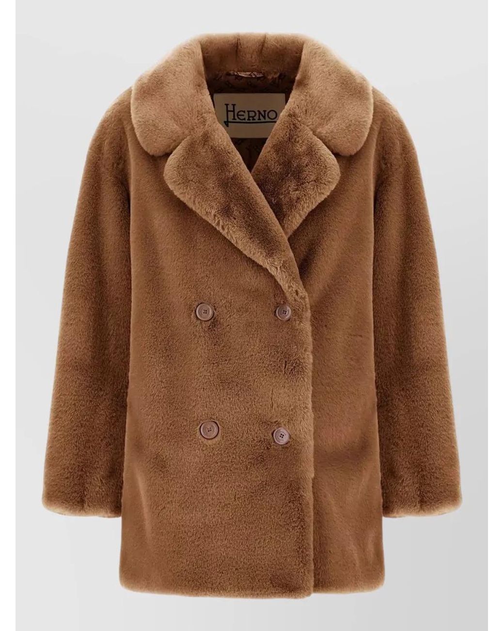 Herno Brown Double Breasted Faux Fur Coat