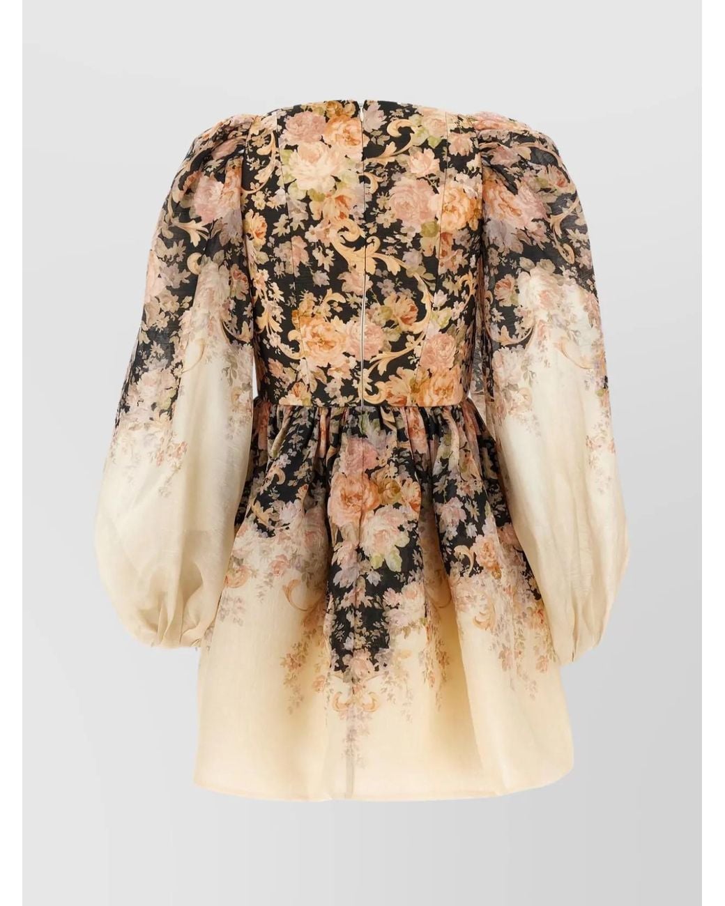 Zimmermann Natural Silk Linen Floral-Print Draped Sweetheart-Neck Long-Sleeve Mini Dress