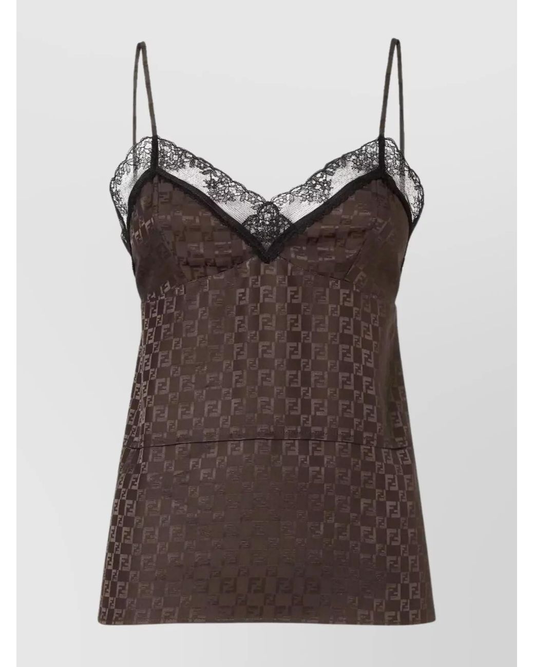 Fendi Brown Silk Jacquard Sleeveless Sweetheart-Neck Top