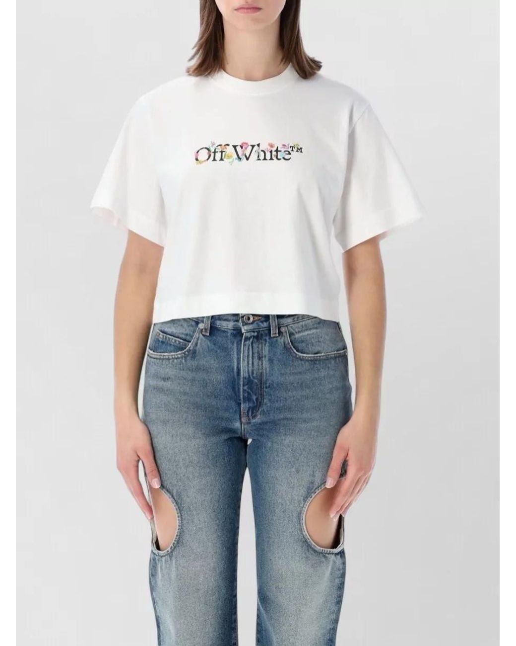 Off-White c/o Virgil Abloh Blue Cropped Printed Cotton T-Shirt