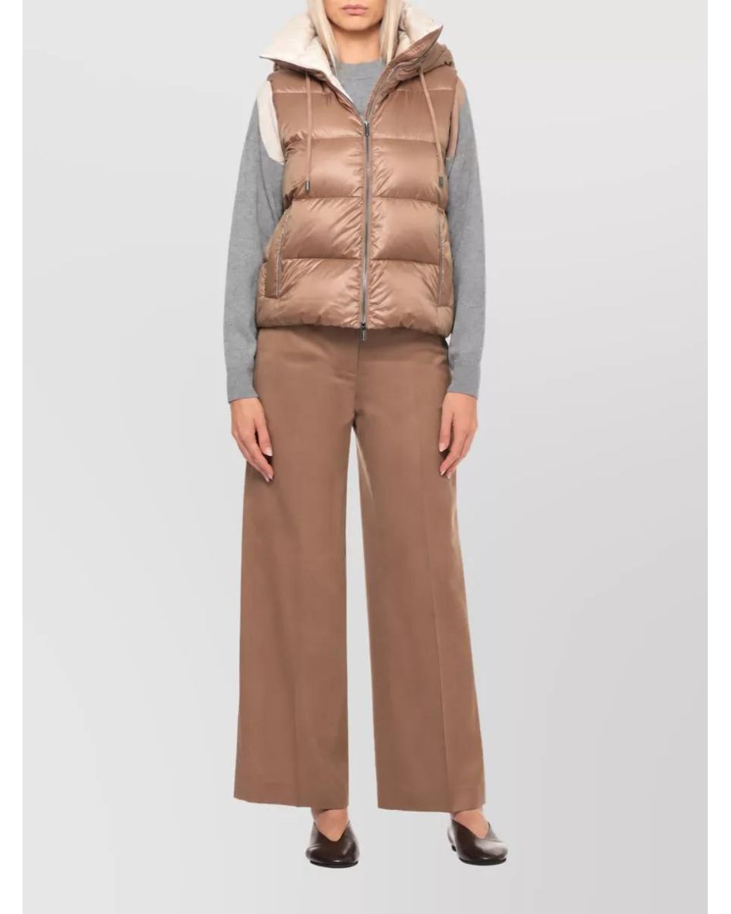 Peserico Brown Quilted Sleeveless Hooded Down Puffer Jacket