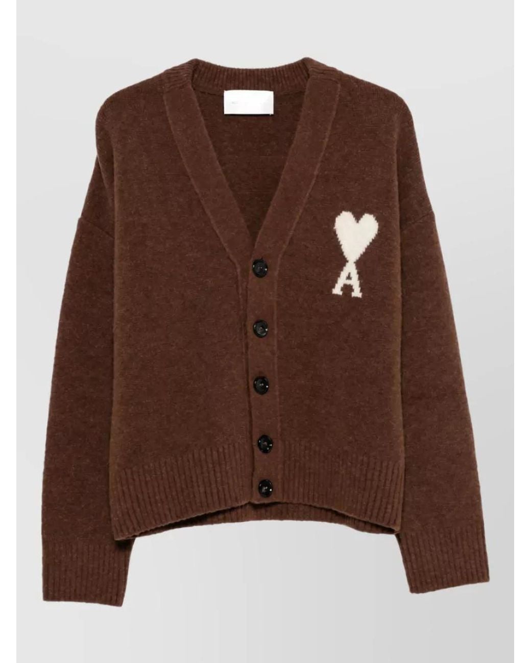 AMI Brown Alpaca Wool Ribbed V-Neck Cardigan