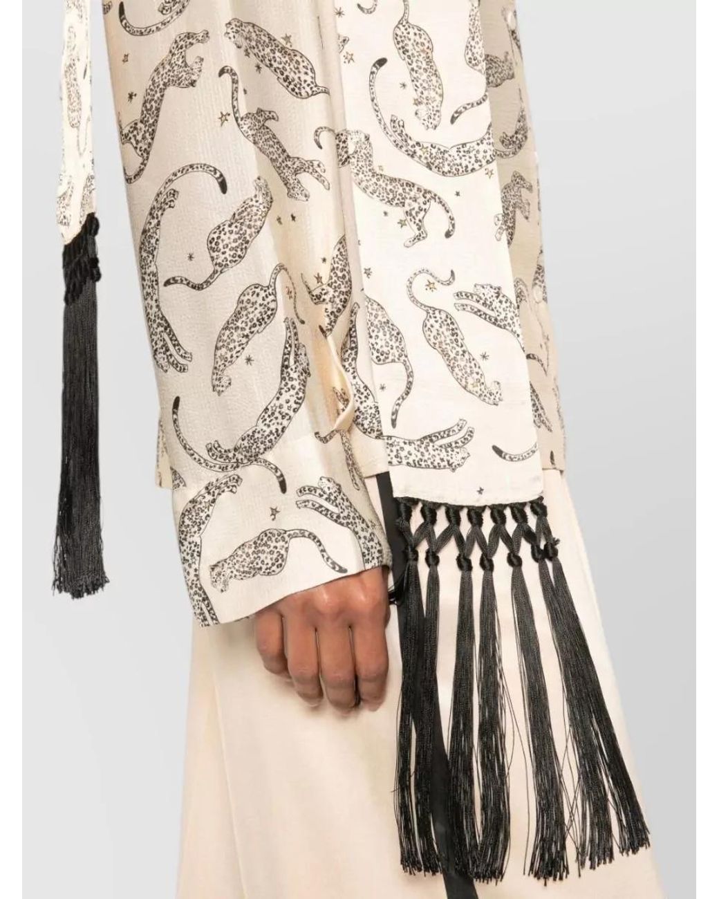 Forte_forte Natural Leopard-Print Fringed V-Neck Long-Sleeve Shirt