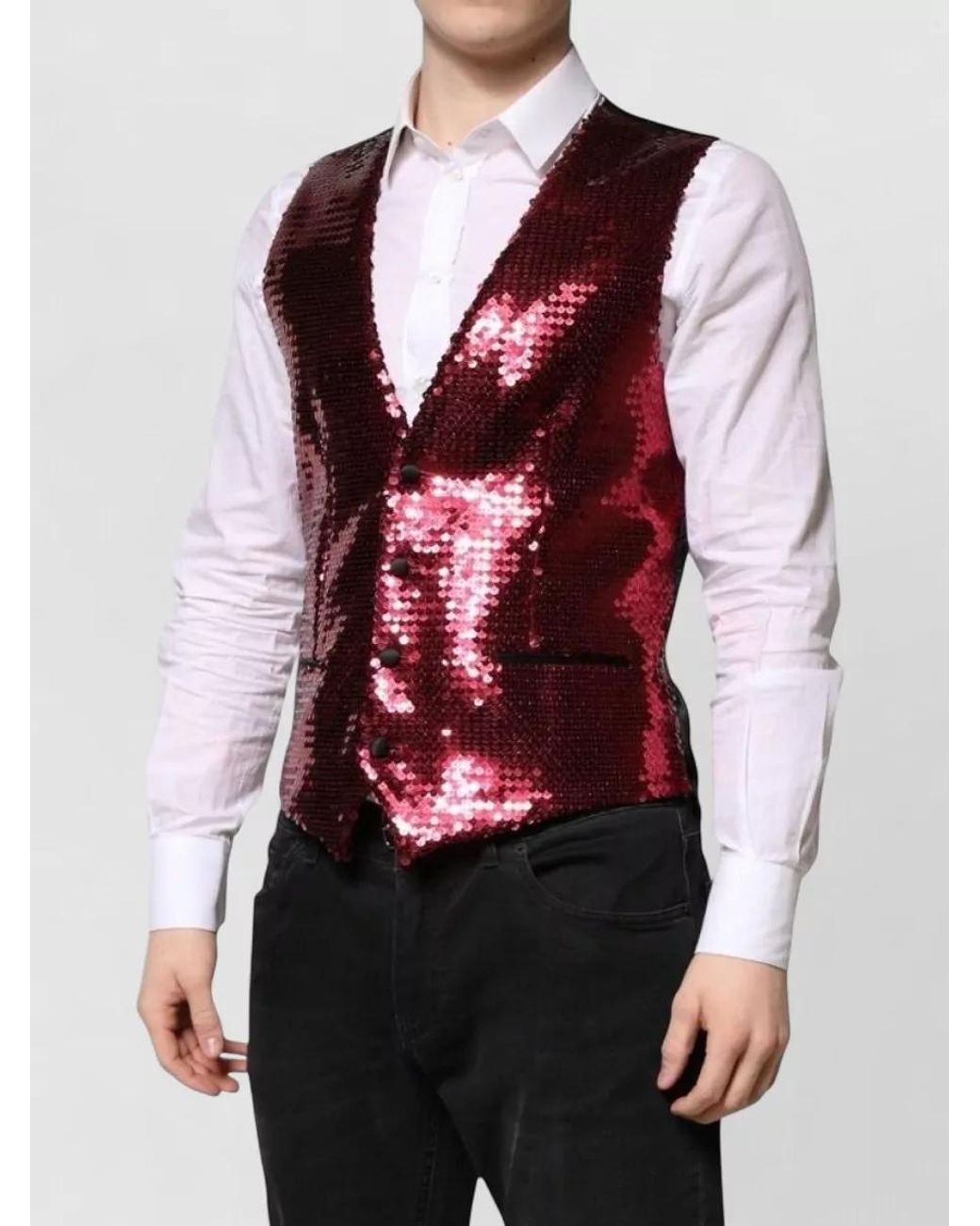 Dolce & Gabbana Red Sequined V-Neck Waistcoat for men