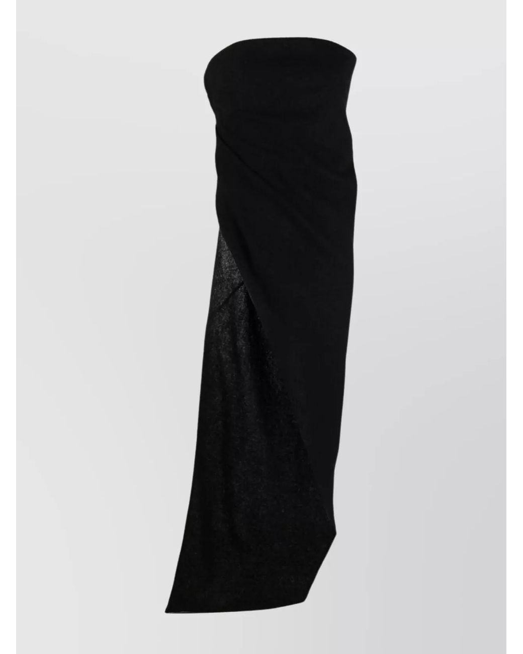 Rick Owens Black Virgin Wool Strapless Asymmetric Draped Long Dress