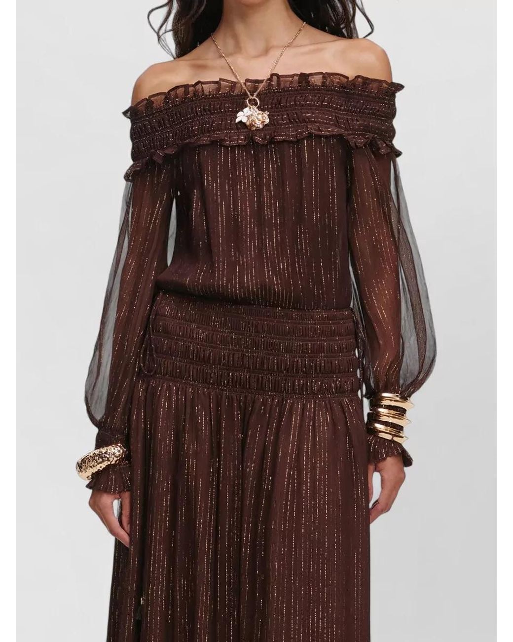 Self-Portrait Brown Silk Off-Shoulder Maxi Dress