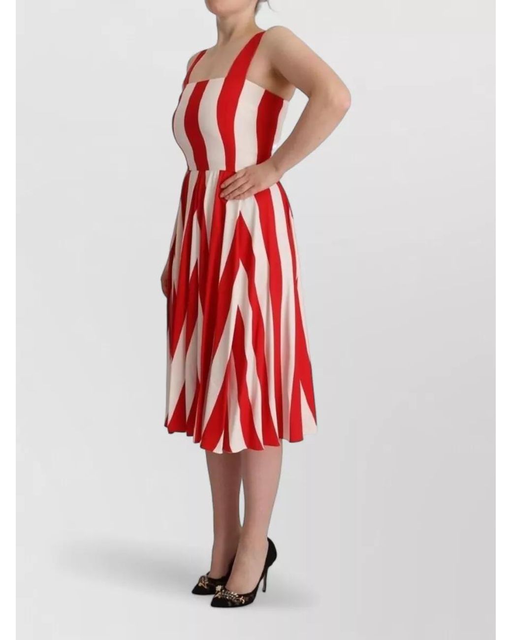 Dolce & Gabbana Red Striped Sleeveless Square Neck Midi Dress