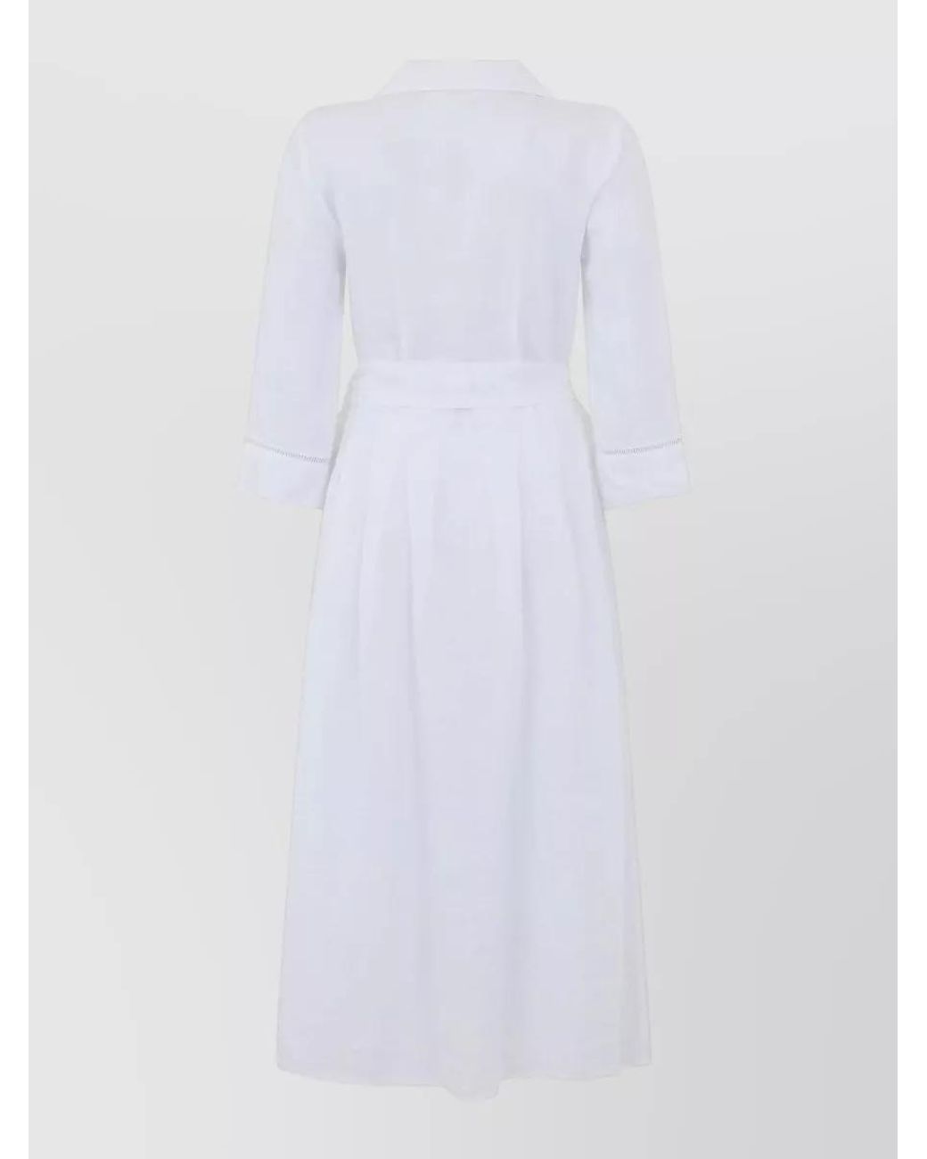 120% Lino White Linen Belted Short-Sleeve Midi Dress