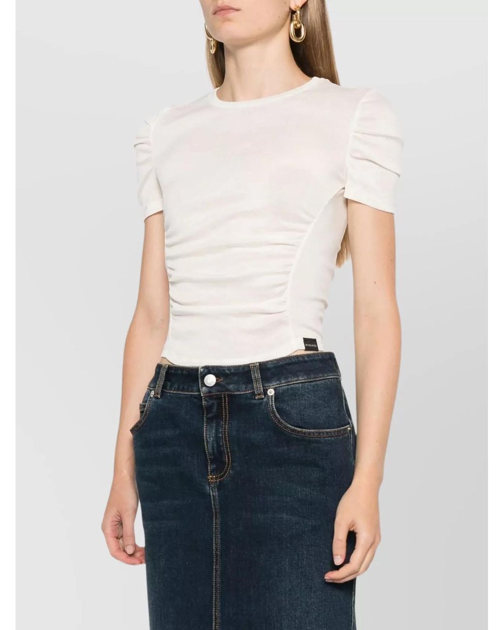 Pinko White Ruched Semi Sheer Logo Patch Cotton T Shirt