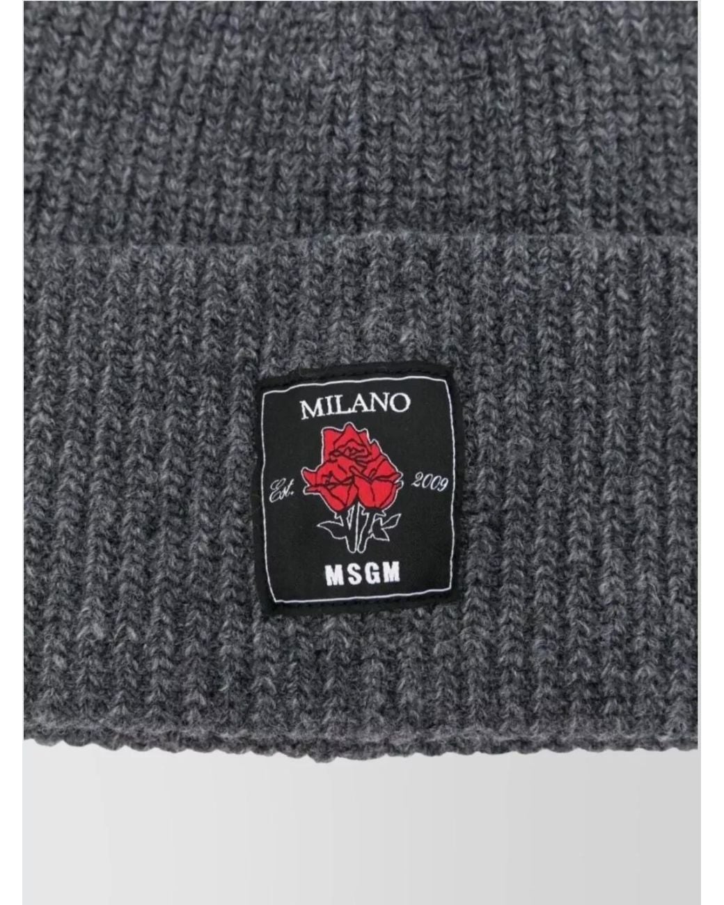 MSGM Gray Wool Rose-Patch Ribbed Beanie for men