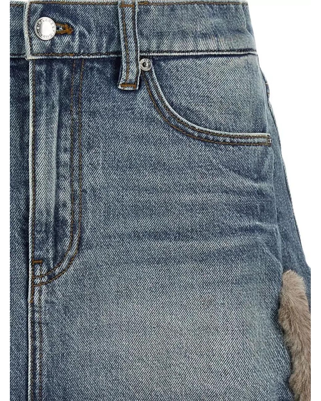 Alexander Wang Blue Denim Fur Trim Mini Skirt