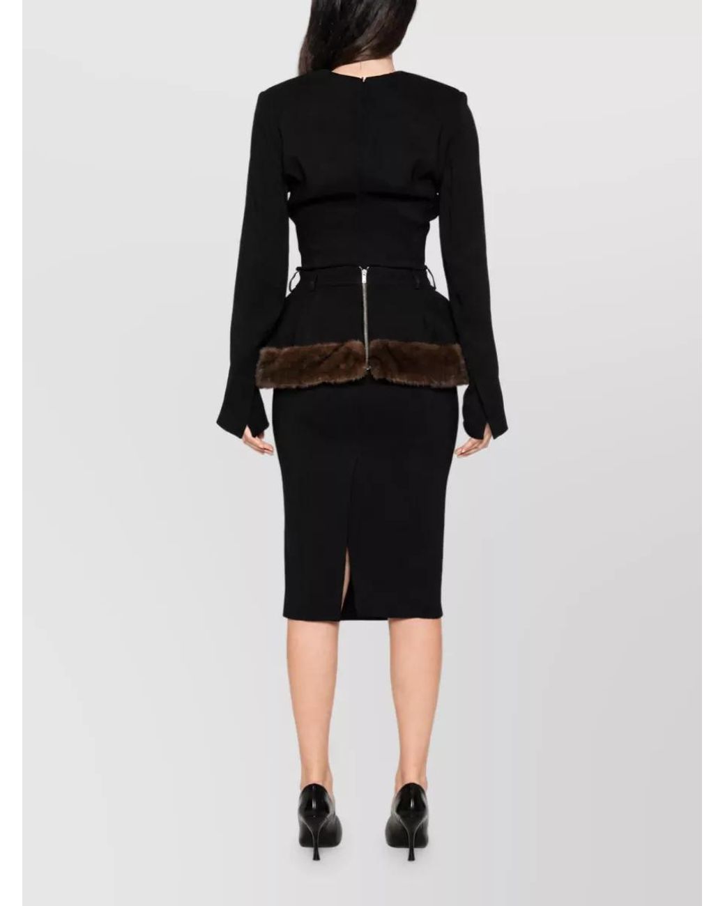 Stella McCartney Black Faux Fur Trimmed Belted Midi Dress
