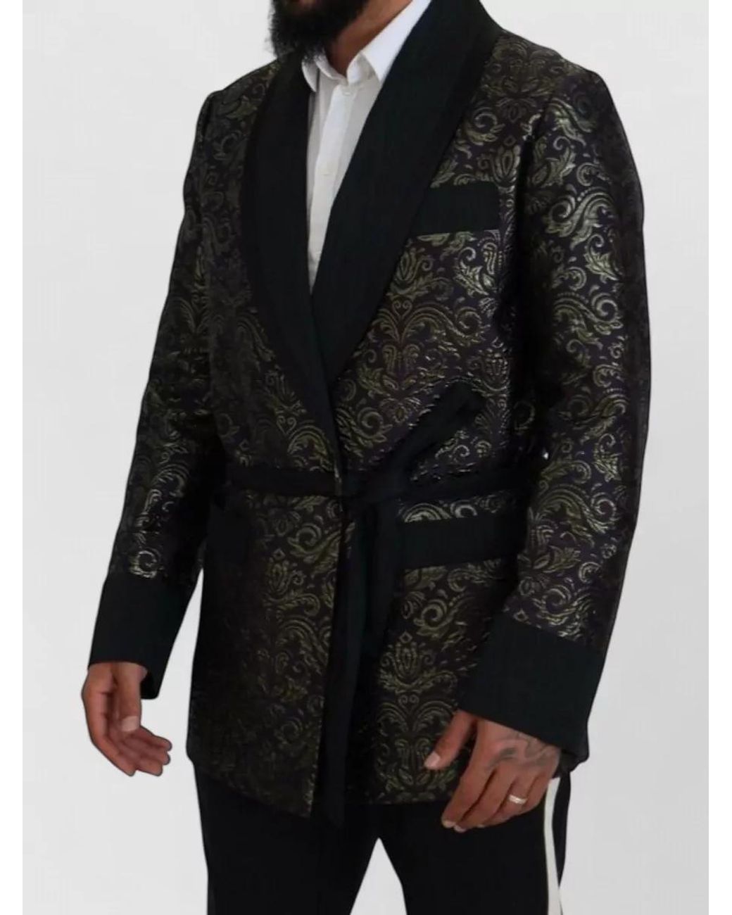 Dolce & Gabbana Black Silk Brocade Belted Shawl Collar Dinner Jacket for men