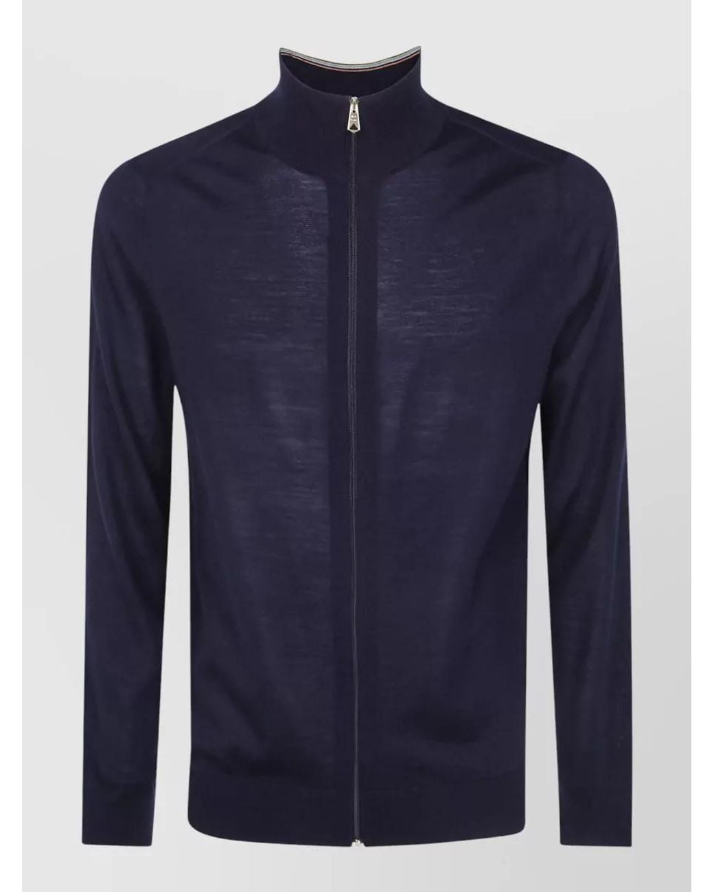 Paul Smith Blue Wool High-Neck Ribbed Zip Cardigan for men