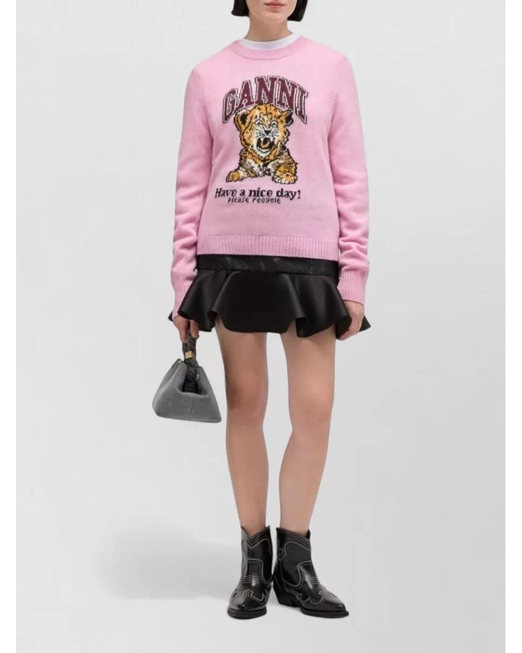 Ganni Pink Graphic Wool Crewneck Sweater