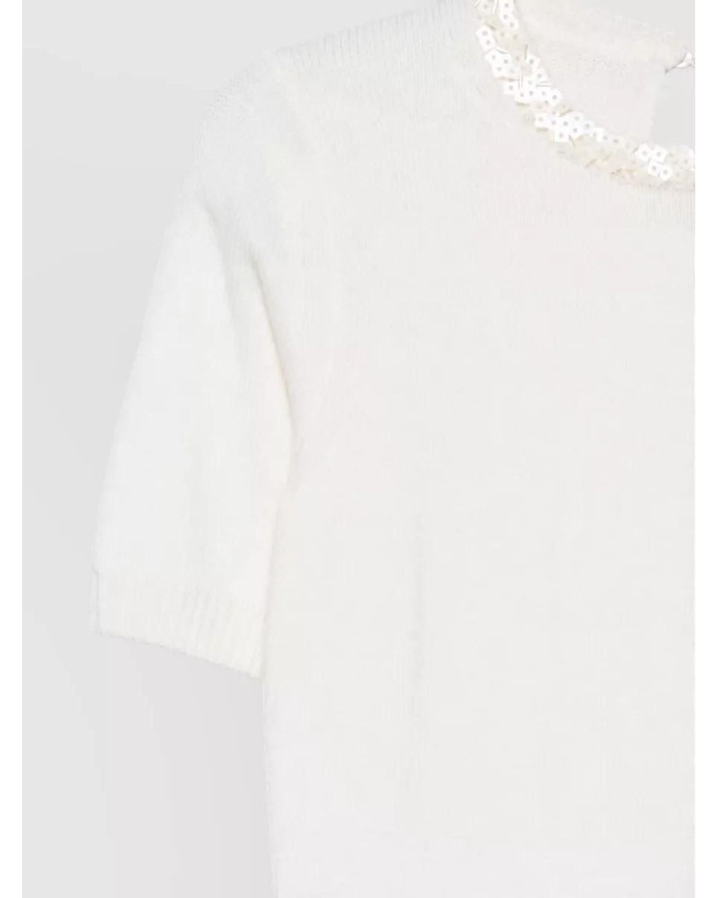Semicouture White Wool Cashmere Sequin-Embellished Short-Sleeve Sweater