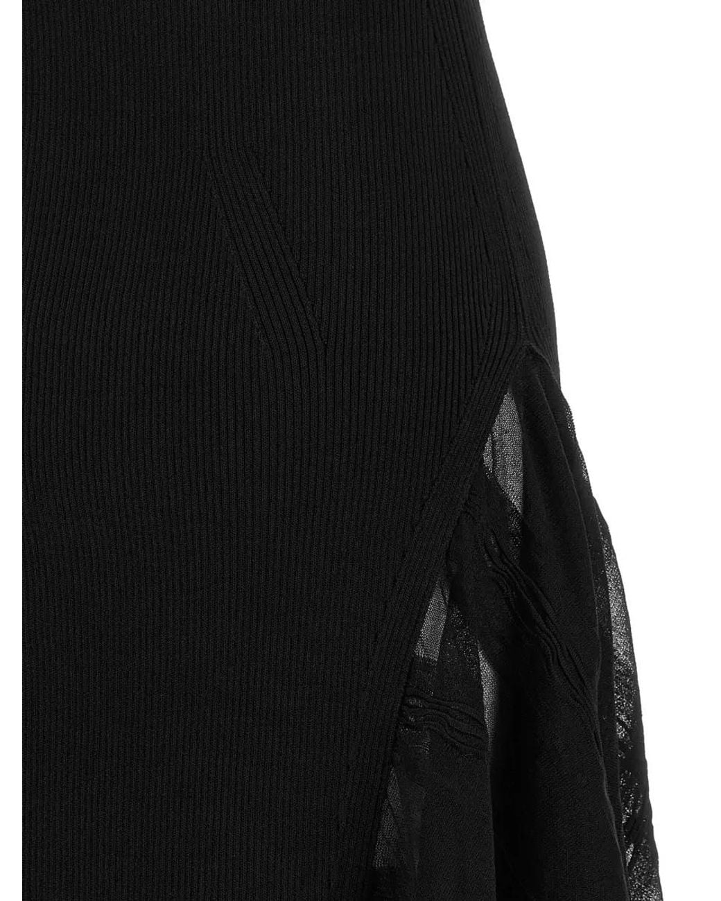 Lanvin Black Silk Ribbed High Neck Short Sleeve Asymmetric Midi Dress