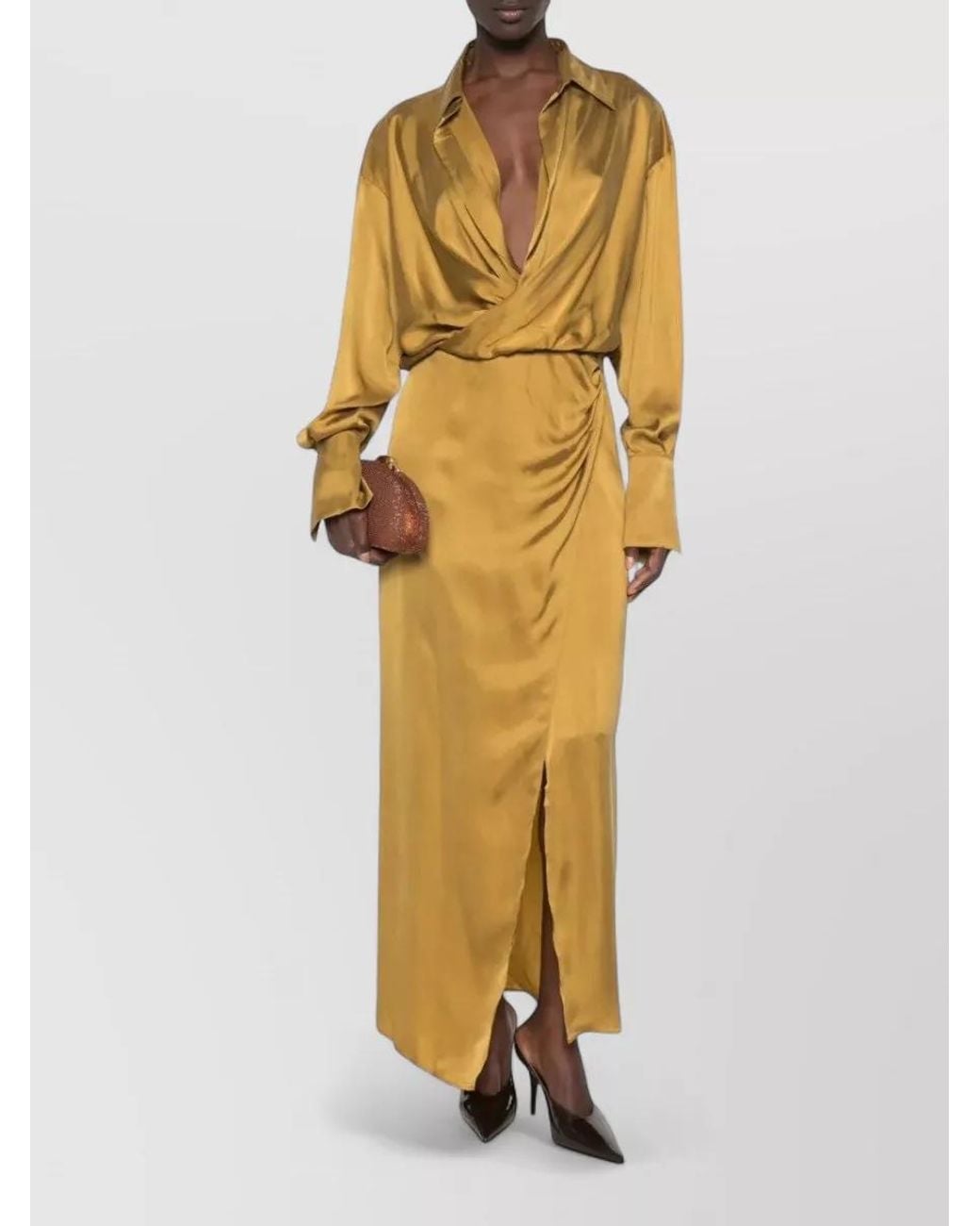ANDAMANE Metallic Draped Wrap V-Neck Midi Dress