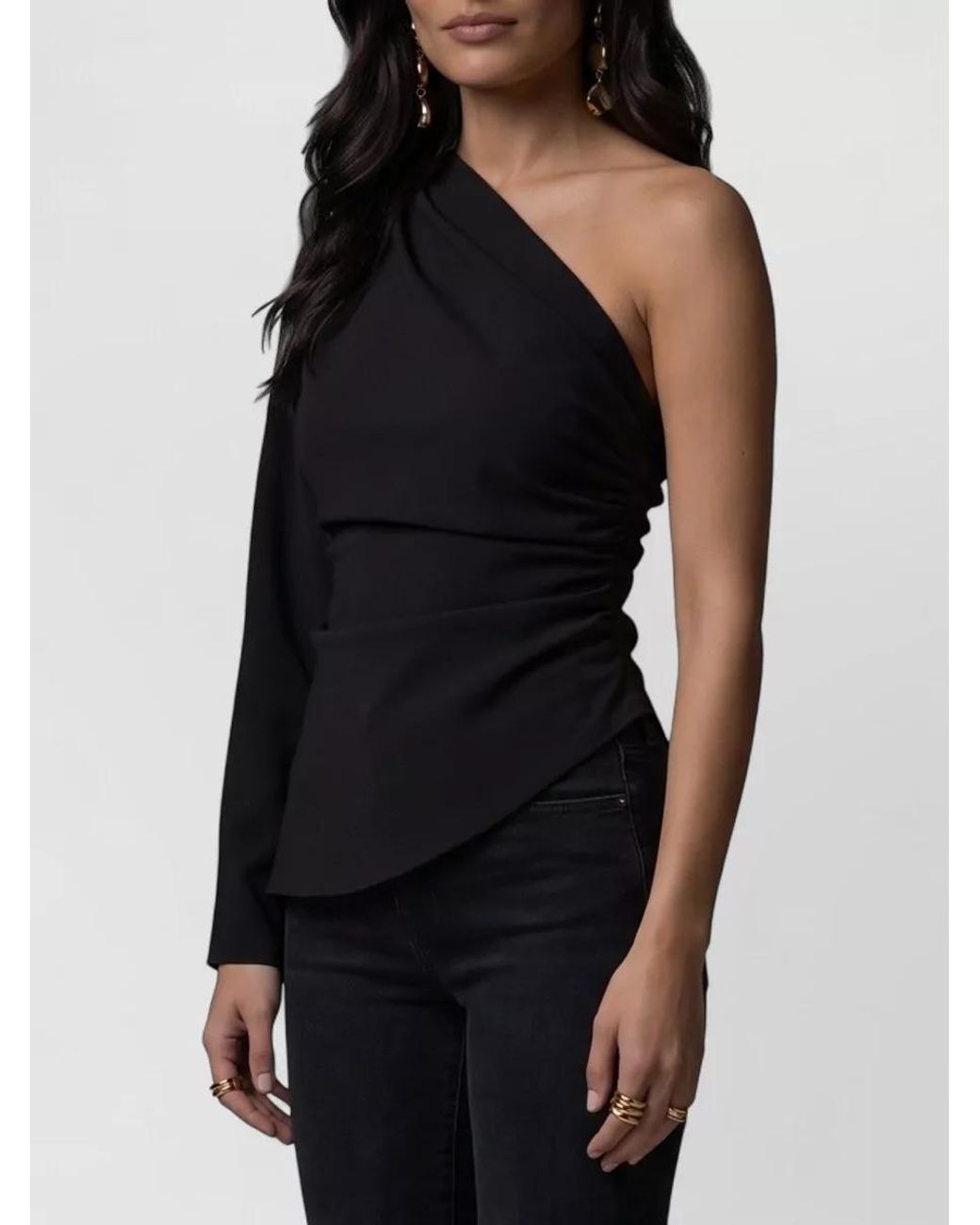 FEDERICA TOSI Black Polyester One-Shoulder Draped Asymmetric Blouse