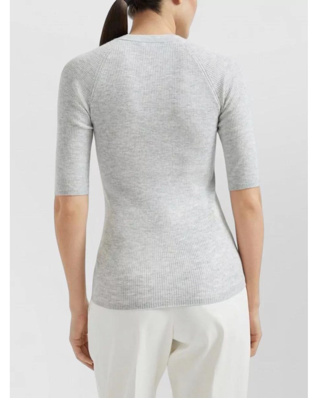 Brunello Cucinelli Gray Cashmere Ribbed Slim-Fit 3/4-Sleeve Sweater