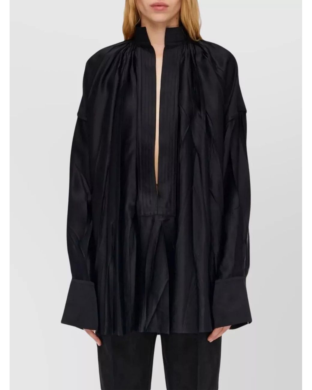Ferragamo Black Crinkled V-Neck Long-Sleeve Top