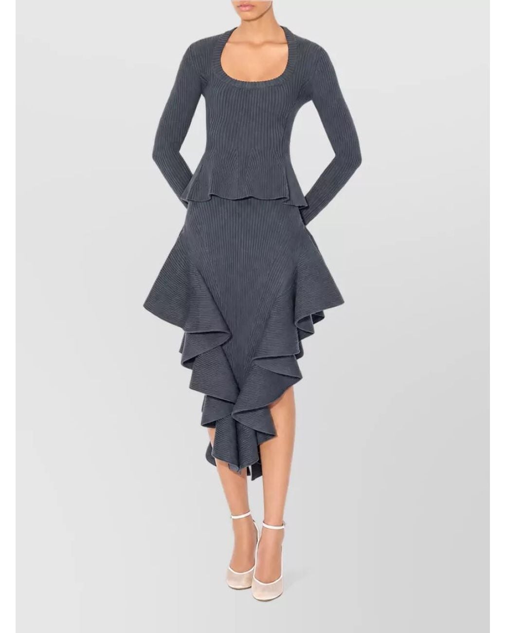 Alaïa Blue Ribbed Peplum Long-Sleeve Top