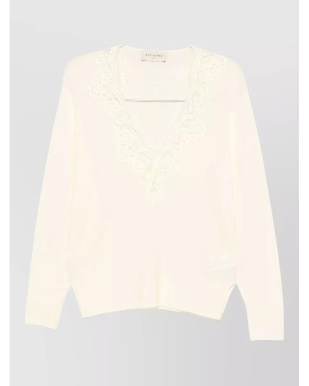 ERMANNO FIRENZE Natural Floral Lace Trim V-Neck Wool Jumper