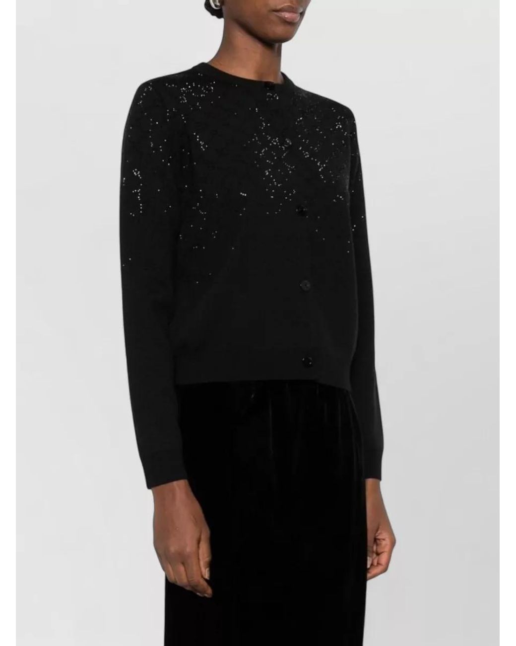 Gucci Black Wool Ribbed Crystal-Embellished Crew-Neck Cardigan