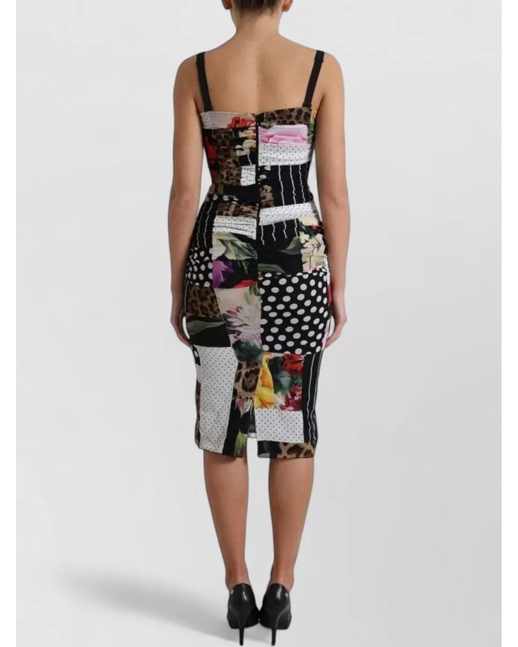 Dolce & Gabbana Black Silk Patchwork Floral Leopard Midi Dress