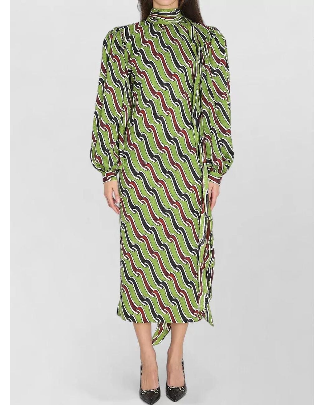 Gucci Green Printed Silk Midi Dress
