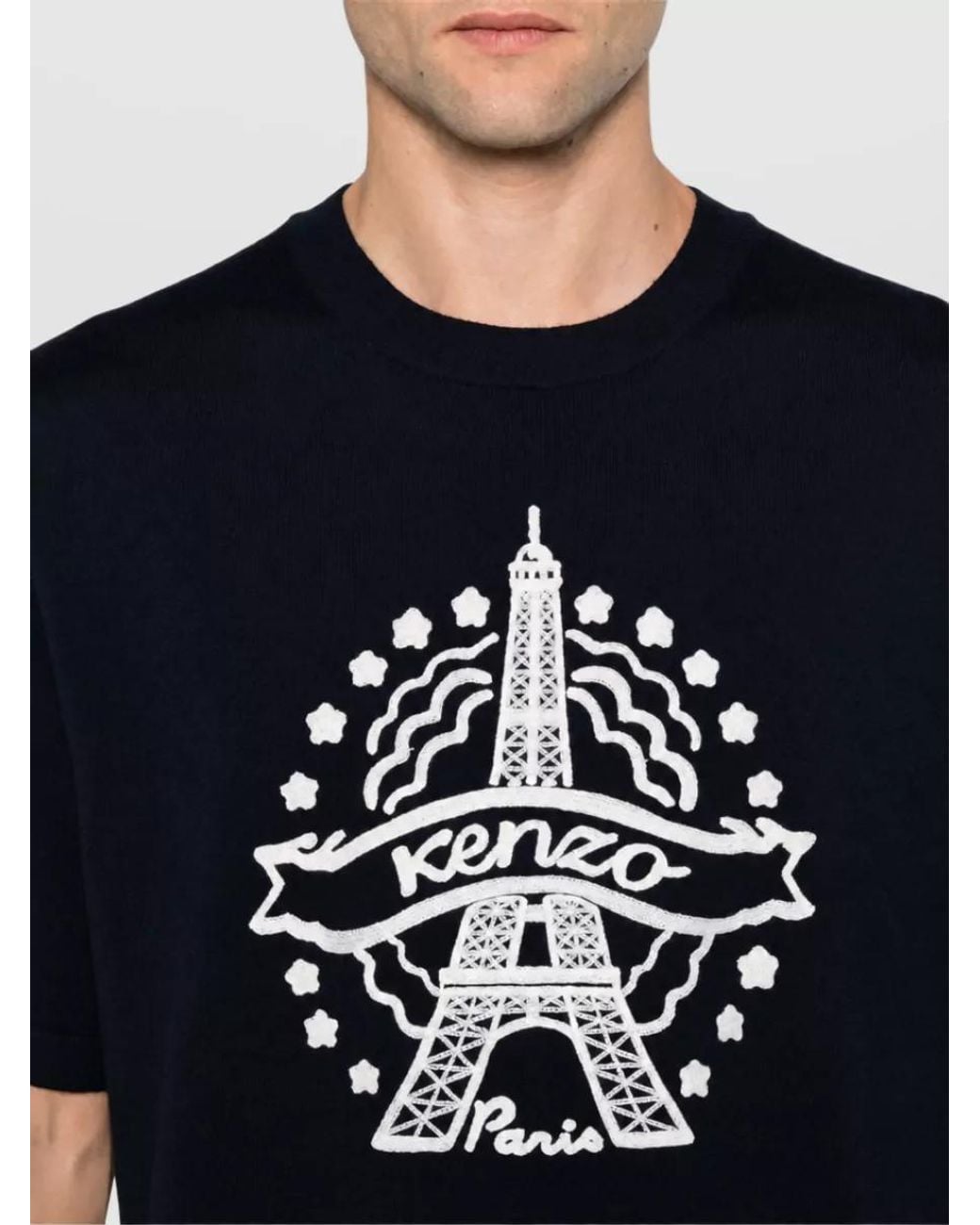 KENZO Blue Wool Embroidered Short Sleeve T-Shirt for men
