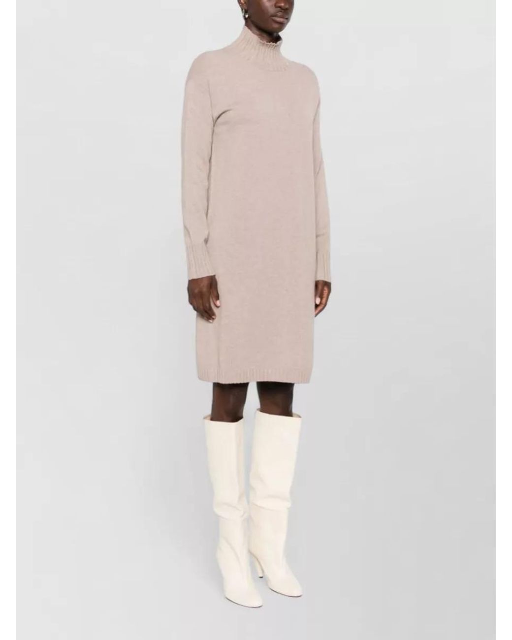 Fabiana Filippi Natural Wool Silk Cashmere Crewneck Knee-Length Dress
