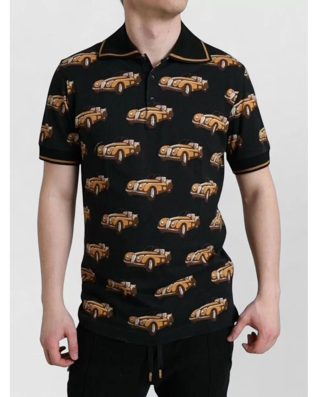 Dolce & Gabbana Black Cotton Car Print Short-Sleeve Polo Shirt for men