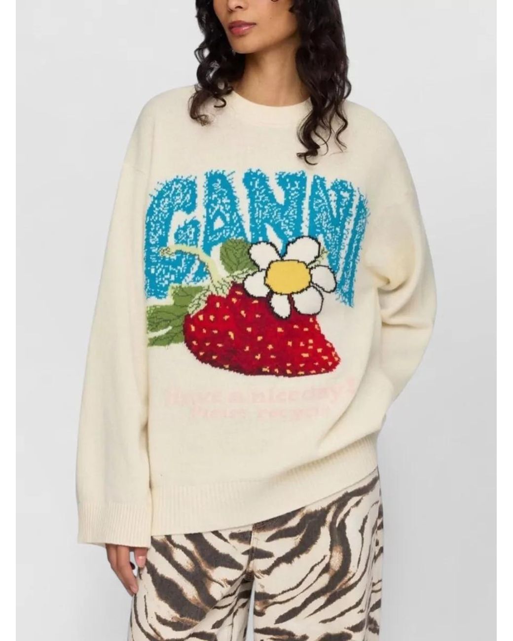 Ganni Blue Wool Oversized Strawberry Intarsia Crewneck Sweater