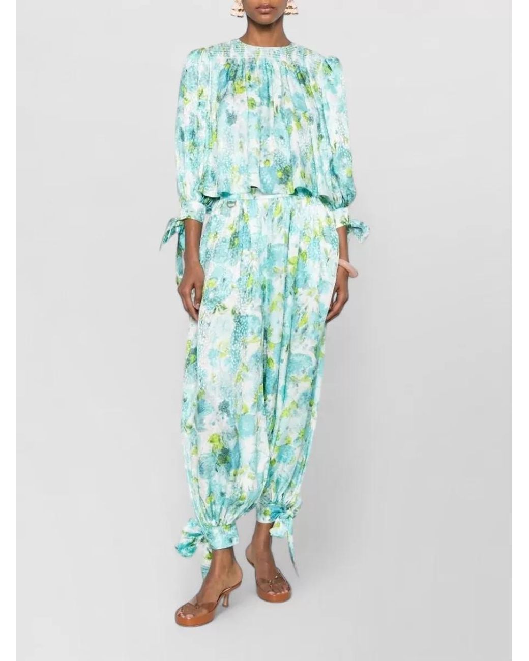 Chloé Blue Silk Floral-Print Jacquard Trousers