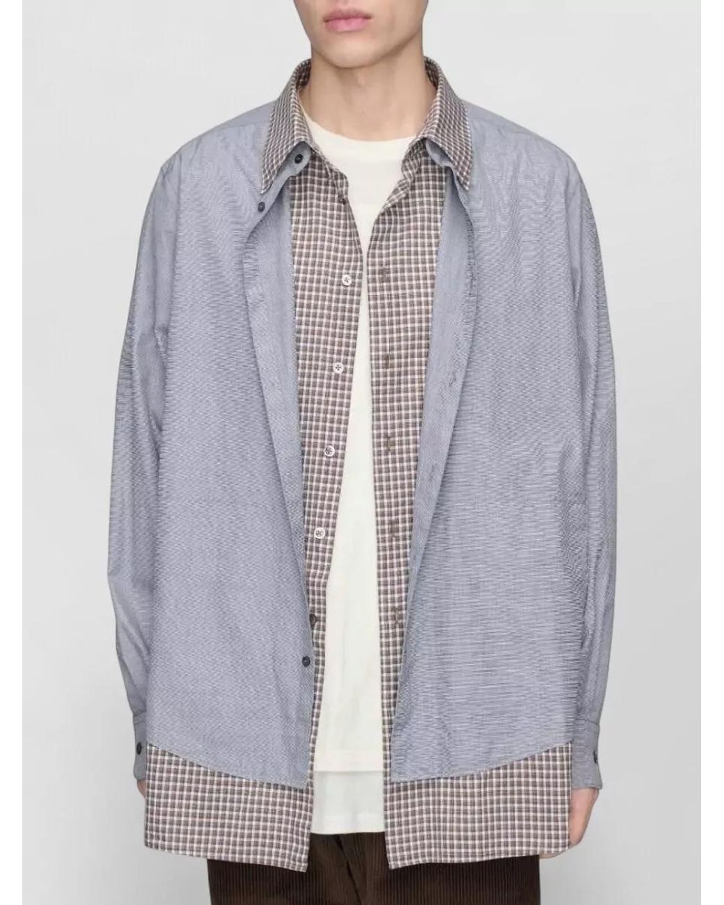Maison Margiela Gray Cotton Checked Band Collar Long-Sleeve Shirt for men