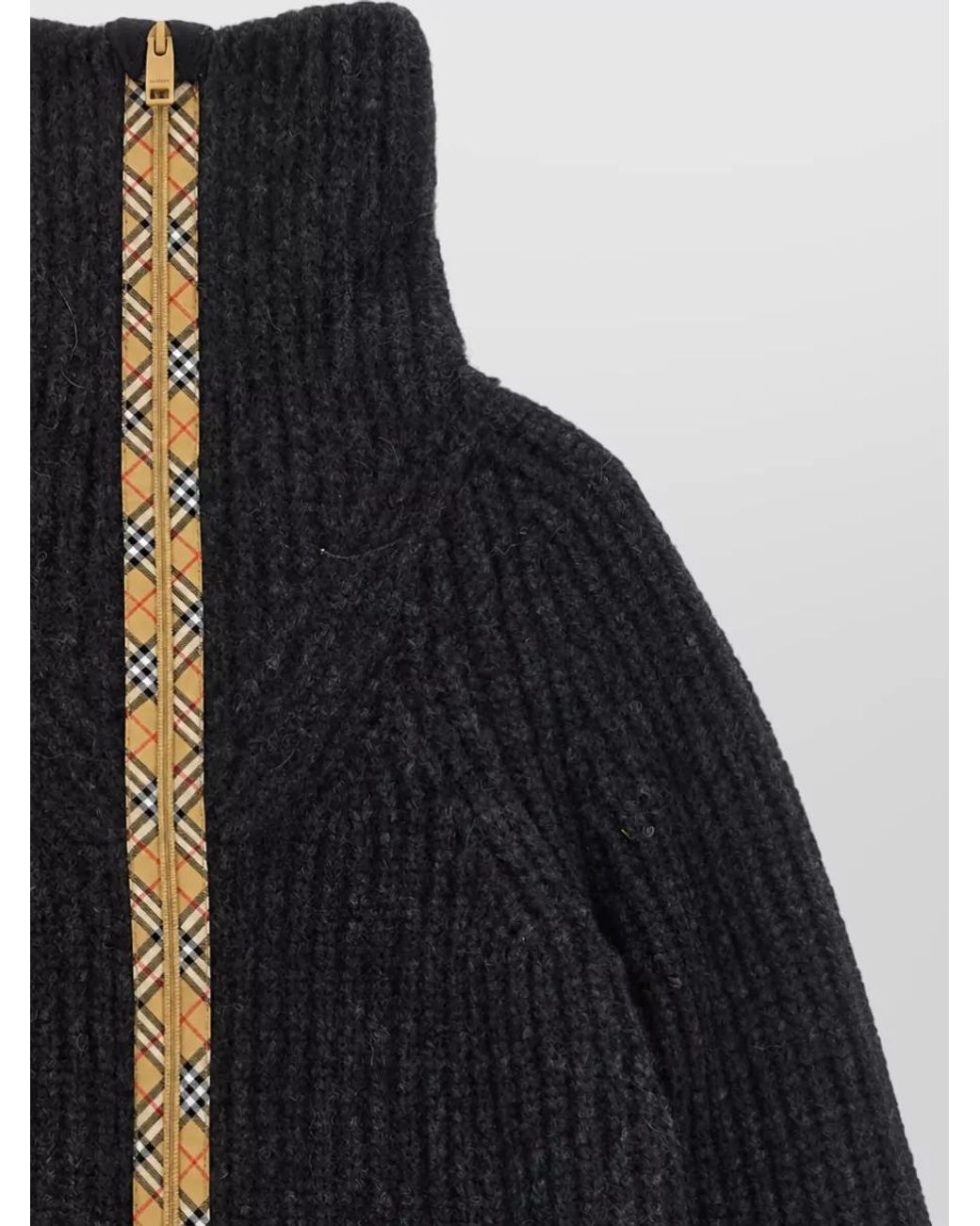 Burberry Black Alpaca Wool Ribbed High Neck Zip Cardigan