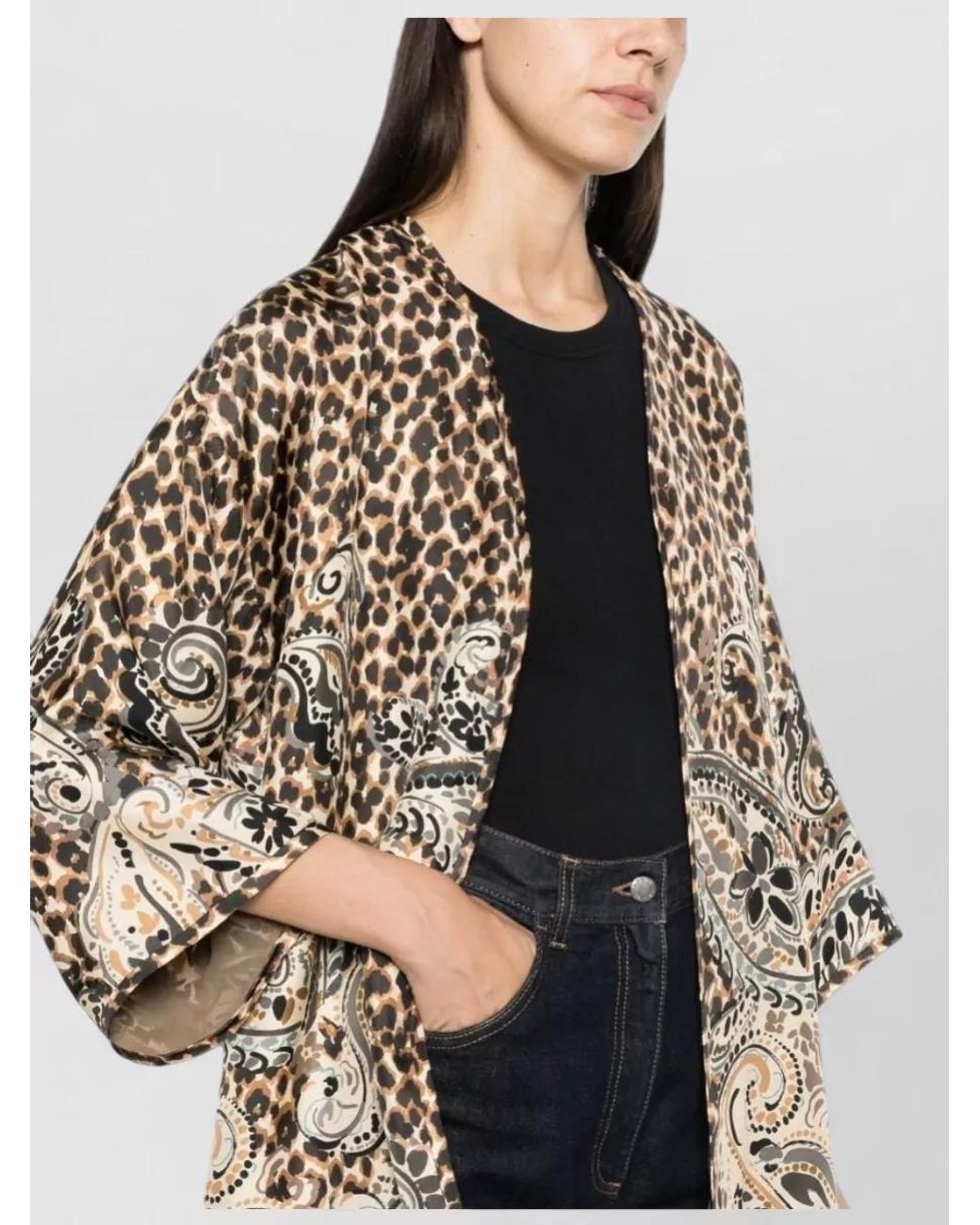 Etro Natural Silk Leopard-Print Paisley-Print Collarless Three-Quarter-Sleeve Jacket