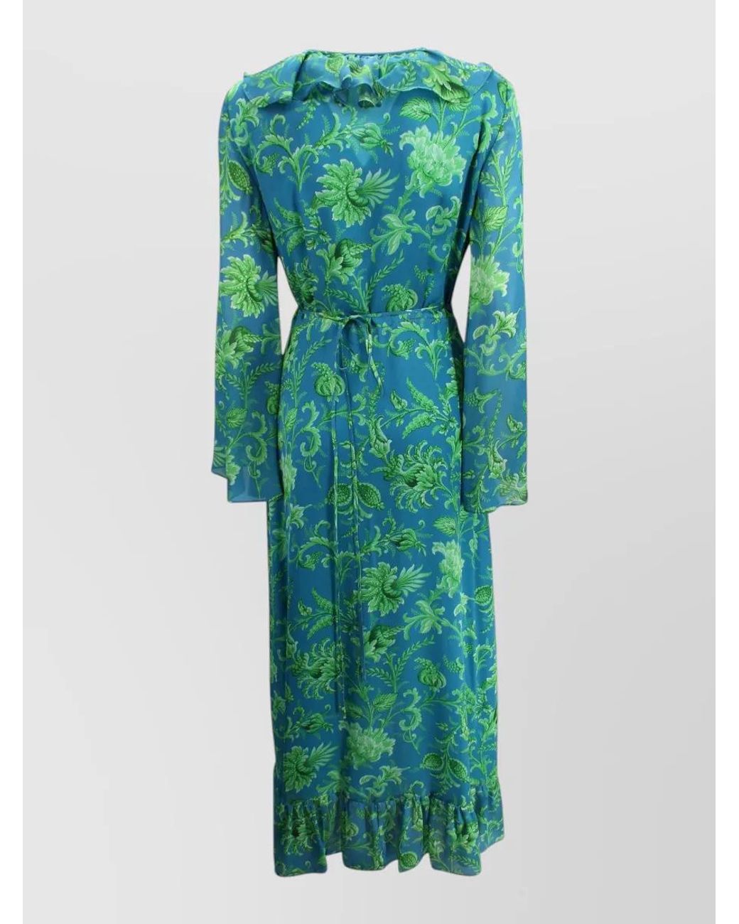 Etro Green Silk Floral-Print Ruffled V-Neck Long-Sleeve Wrap Maxi Dress