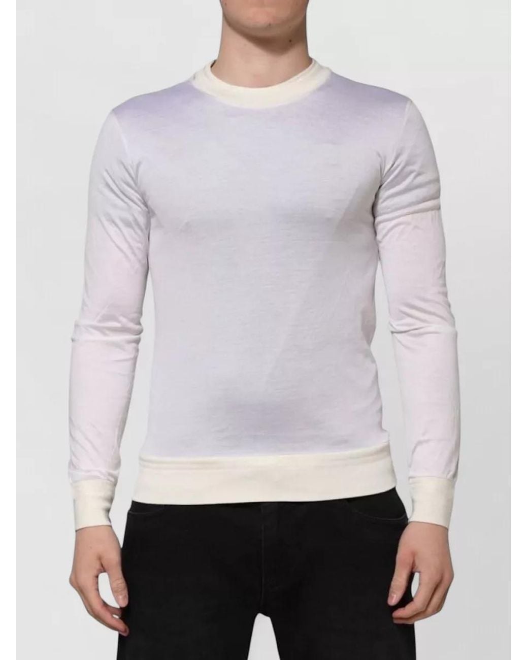 Dolce & Gabbana White Silk Ribbed Crew Neck Long Sleeve T-Shirt for men