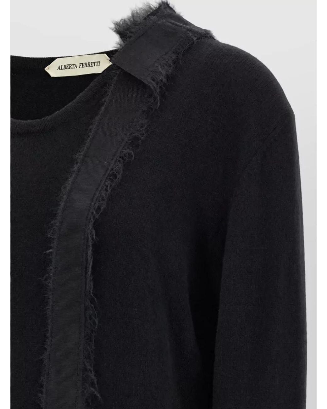 Alberta Ferretti Black Cashmere Ribbed Crew-Neck Long-Sleeve Bow Sweater