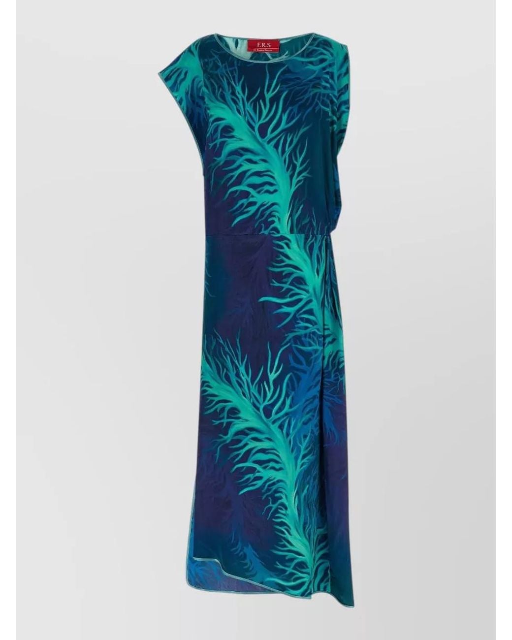 F.R.S For Restless Sleepers Blue Silk Viscose Printed Asymmetric Draped Sleeveless Midi Dress